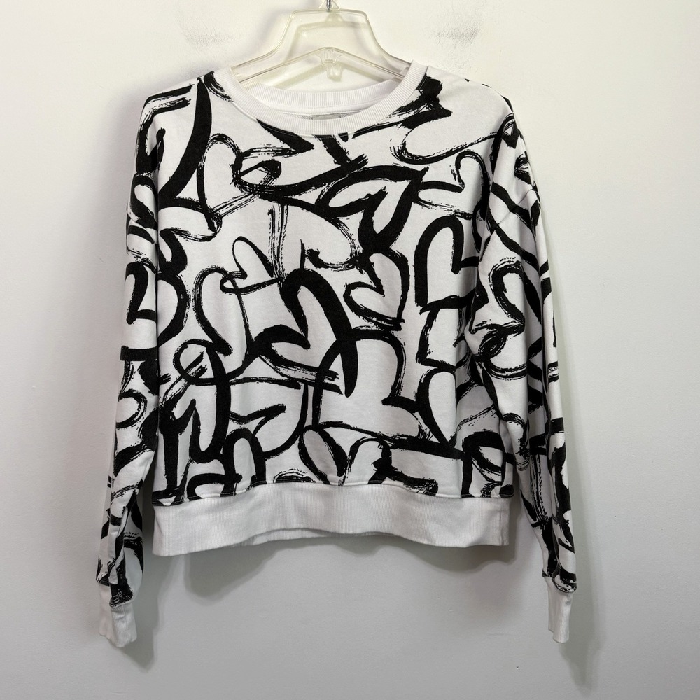 Anthropologie Maeve Heart Print Sweatshirt S Black White Long Sleeve Boho FLAW